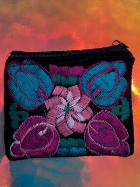 Pink, Teal & Black Floral Embroidered Velvet zip Pouch 4.5”x 3.5” SMALL